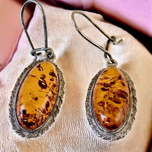 Amber Sterling Silver Dangle Drop Earrings Leverback Handcrafted New - Picture 3 of 7
